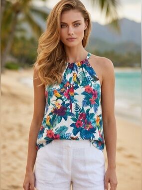 Tommy Bahama White Green Floral Parrot Halter Tank Top XS